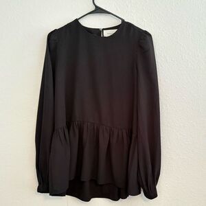 Tuckernuck Pomander Place Carlotta Peplum Blouse Hi low Hemline Drapey XS Black